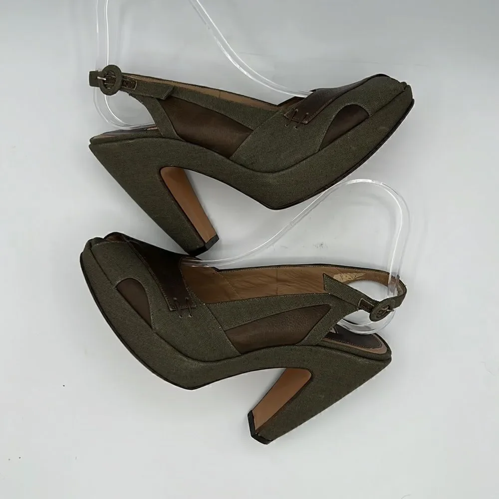 Marni Green Canvas & Brown Leather Peep Toe Slingback Platform Heels EU 40 US 10